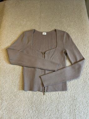 Abercrombie & Fitch Women Small Tan Brown Knit Square Neck Zip Front Top
